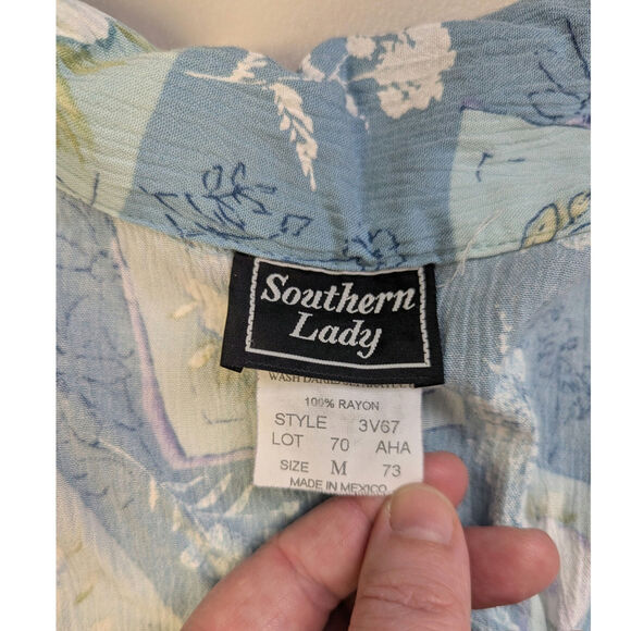 Vtg Southern Lady Button Up Blouse Womens Medium Blue Floral Coastal Beachy 90s - Picture 4 of 5